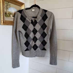 J. Crew 100% cashmere Grey Argyle print Sweater Cardigan Medium
